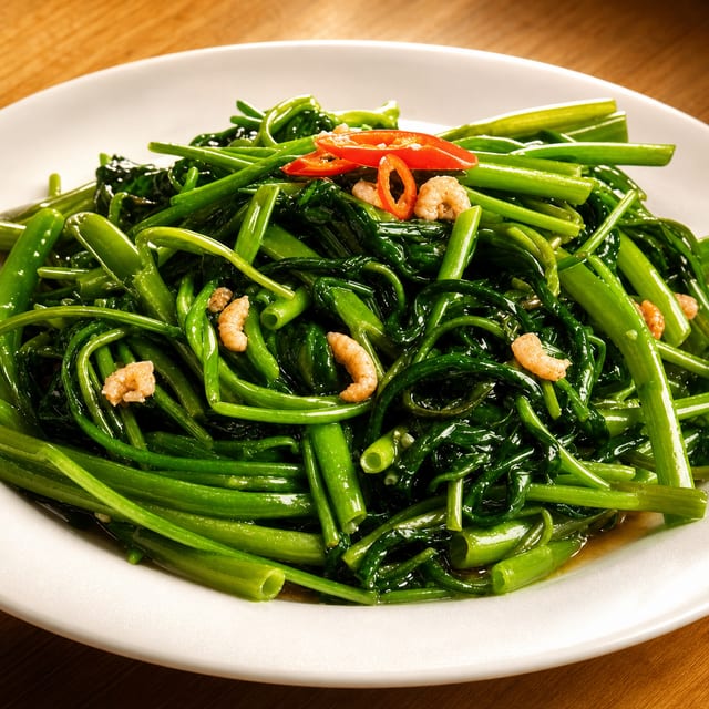 Rau Muống Xào Ốc Giác / Stir Fried Water Spinach & Conch Meat.