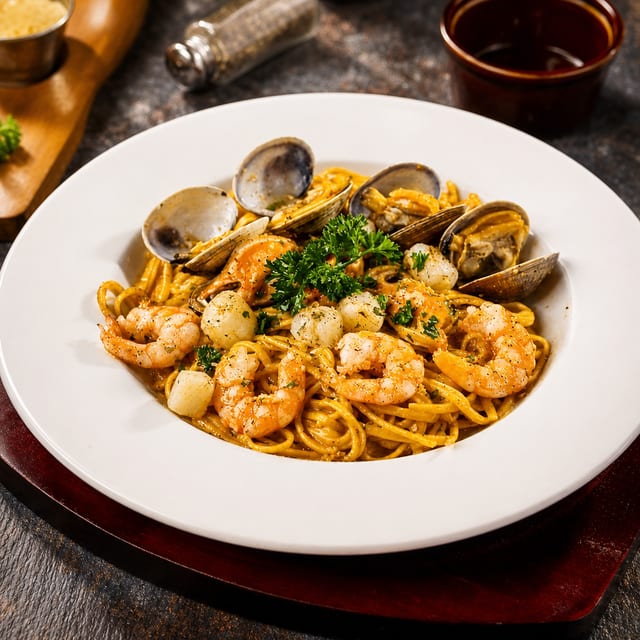 Garlic Noodles with Seafood.