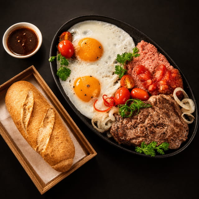 Bò Né / Beef Filet Mignon, Eggs, and Pate on Sizzling Plate.