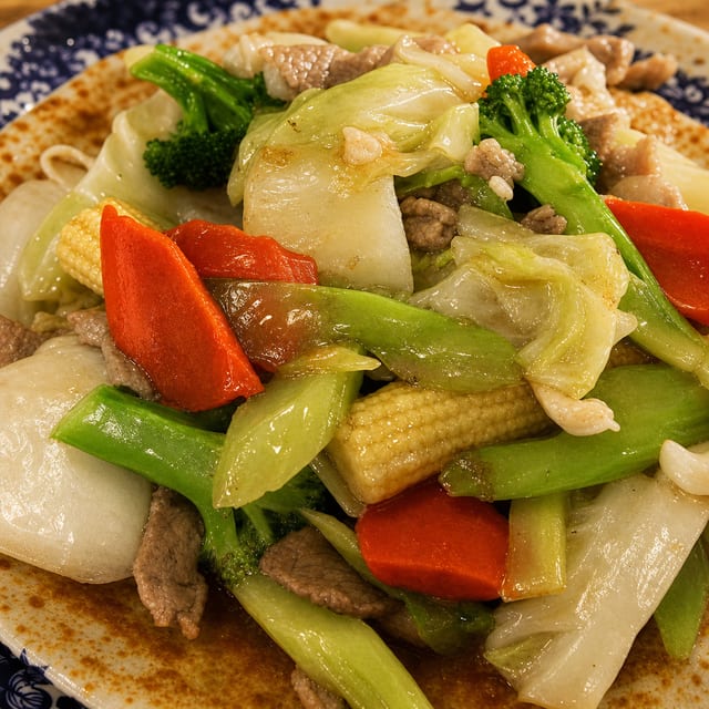 Phở Áp Chảo Hải Sản / Bò / Crispy Fried Pho with Choice of Seafood or Beef & Veggies.
