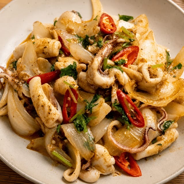 Mực Nang Xao Sate/ Saute squid with spicy chili sauce..